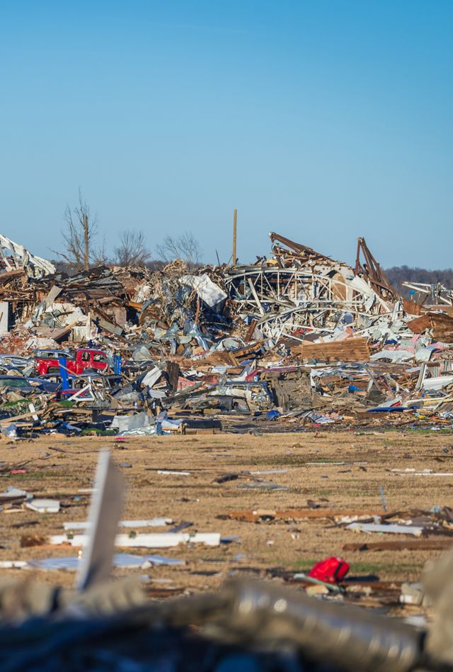 Mayfield, KY: On December 10, 2021, a violent, long-tracked EF-4 tornado moved across Western Kentucky, producing severe to catastrophic damage in numerous towns. The town of Mayfield was heavily damaged and multiple people died.