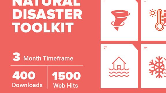 Red and white infographic with large text reading "Natural Disaster Toolkit"