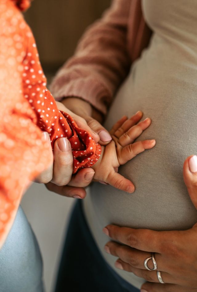 Toddler-Aged Girl Touching Pregnant Belly of Her Mother