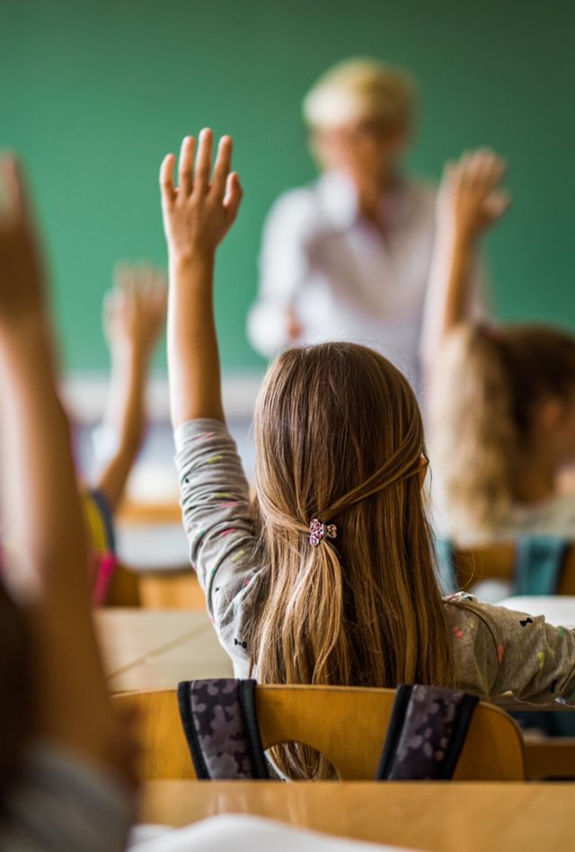 Rear view of large group of students raising their arms to answer the question on a class at elementary school.