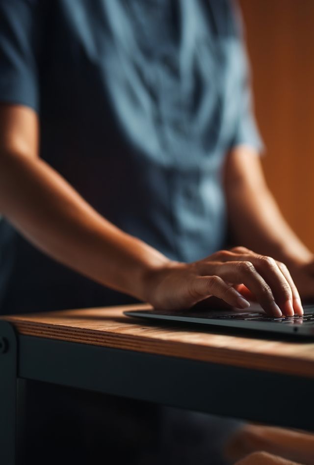 A person typing on a laptop in a modern workspace with ambient light, conveying productivity and focus. The scene showcases technology use in a contemporary working environment.