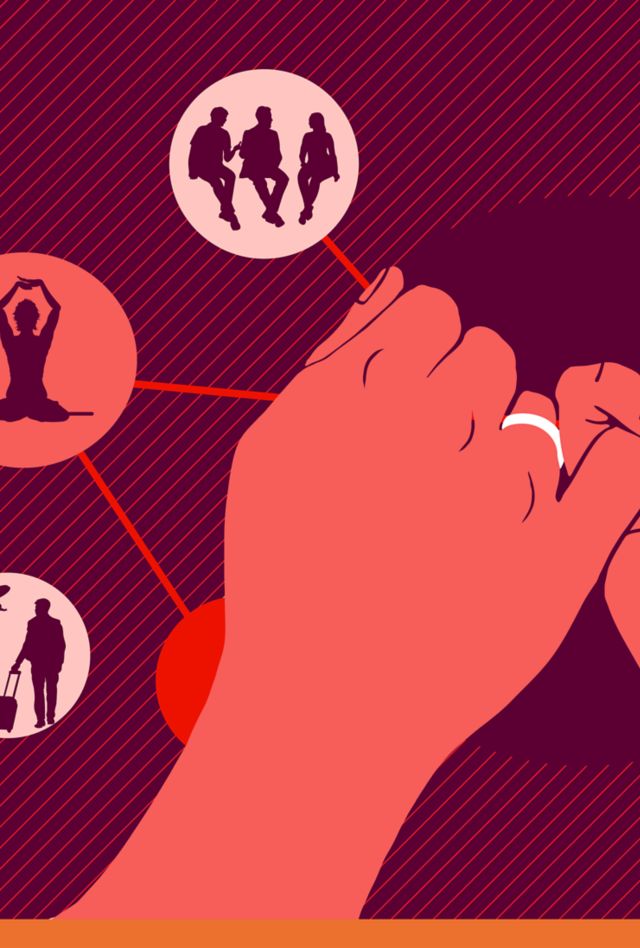 Illustration featuring two hands with wedding rings entwined. There are various illustrations in the background, including a discussion group with three people, a person practicing yoga, people at a theater, a man with a suitcase, a man getting on a bus, a woman eating lunch at a table, and two people walking down the street.