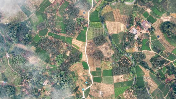 Aerial view of a patchwork landscape with green fields, dirt paths, scattered trees, and a few buildings, partially covered by light clouds.