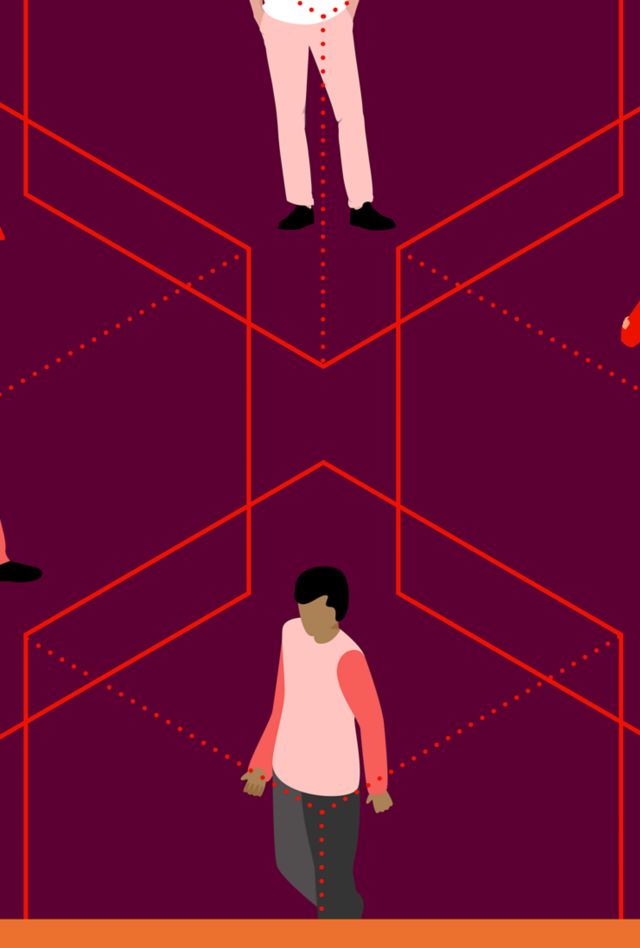 Illustration depicting multiple people interlinked by dotted lines on a burgundy background.