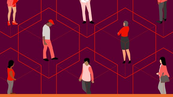 Illustration depicting multiple people interlinked by dotted lines on a burgundy background.
