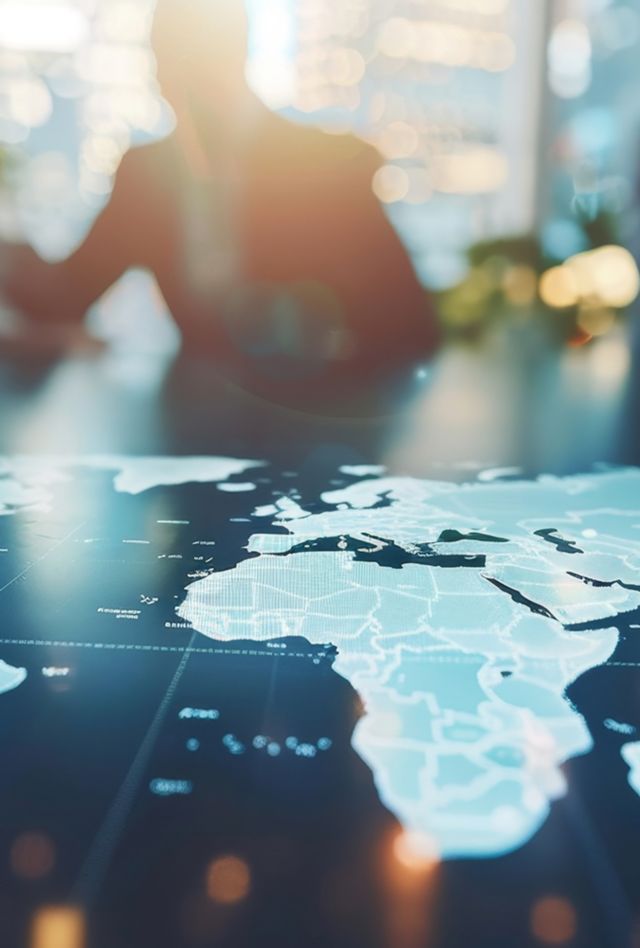 Business people discussing global strategy with world map on table.