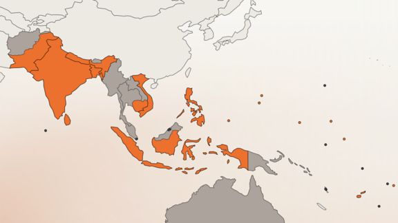 Illustration illistration of the countries of the Indo-Pacific. Orange shading indicates where NORC works or has worked. Dark gray shows other Indo-Pacific countries.