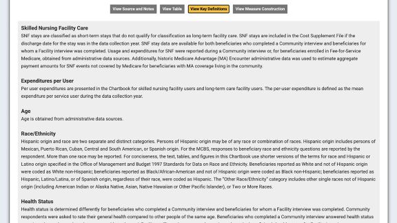 A text page titled “View Key Definitions” explaining terms such as Skilled Nursing Facility Care, Expenditures per User, Age, Race/Ethnicity, and Health Status.