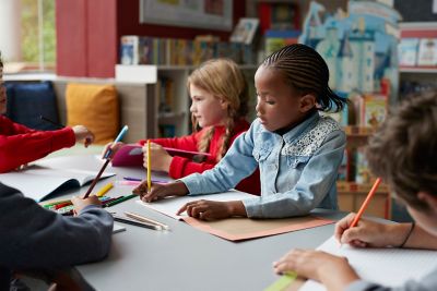 Children at modern school facility