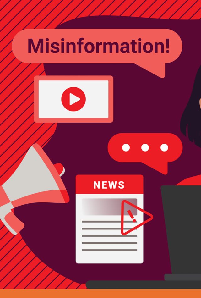 Illustration of a person's head. Around the head, there are several speech bubbles that say "Misinformation!" as well as icons for videos, news, and mail.