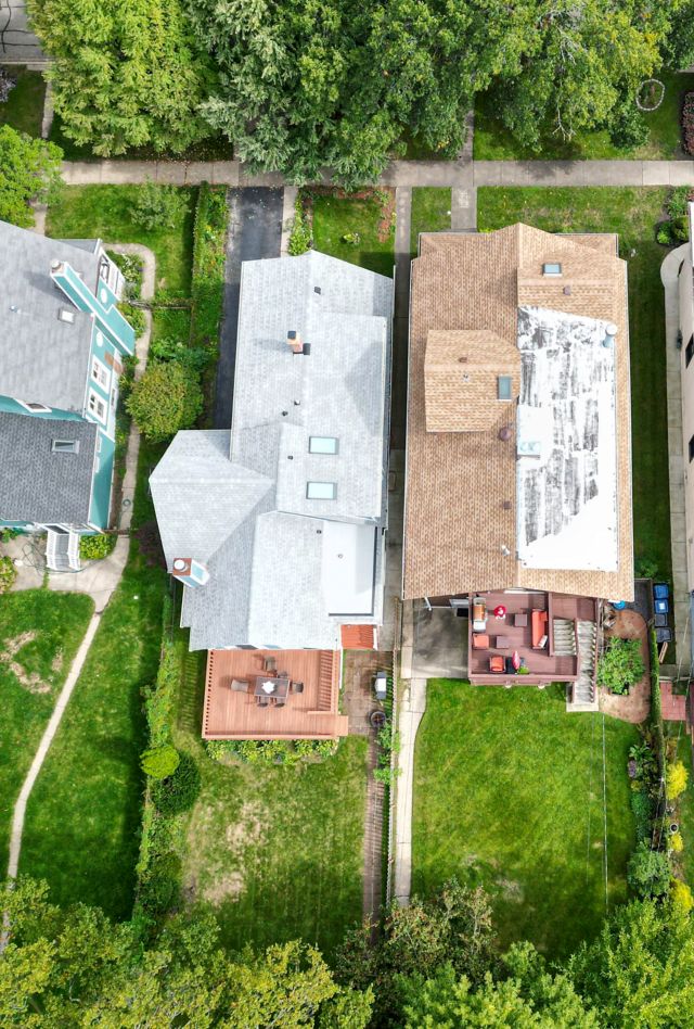 Aerial view of several houses