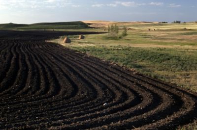 Prairie agricultural landscape of plowed fields and hay bales in late summer, North Dakota.