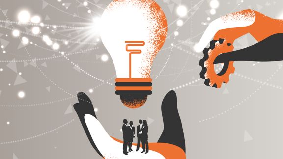 Illustration of lightbulb, gears and people