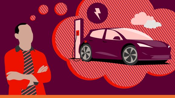 Illustration of a man with a thought bubble. In the thought bubble is an electric car charging.