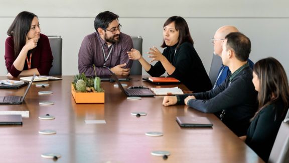 Diverse group of professionals talking at a conference table.