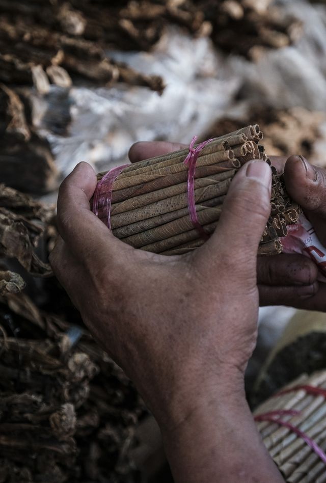 A vendor handles a bundle of tobacco rolls. Photographer: Veejay Villafranca/Bloomberg