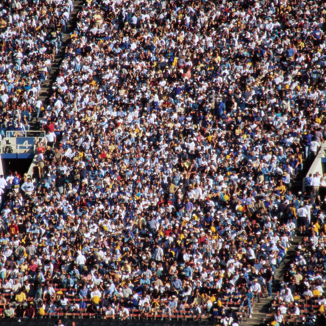 Overhead view of large crowd in the street