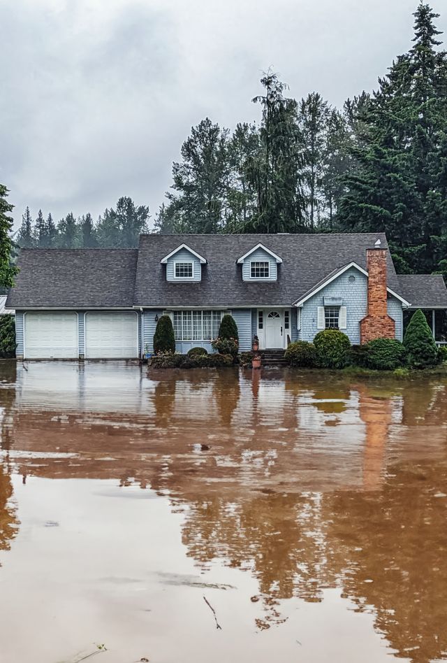 Photo of house exterior with flooded yard; artificially rendered