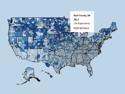 A map of the United States is shaded to show the average life expectancy in years in each county, ranging from less than 73.57 years to 77.99 years and over. A popup box shows that for Kent County, Michigan, the average life expectancy is 78.7 years. 