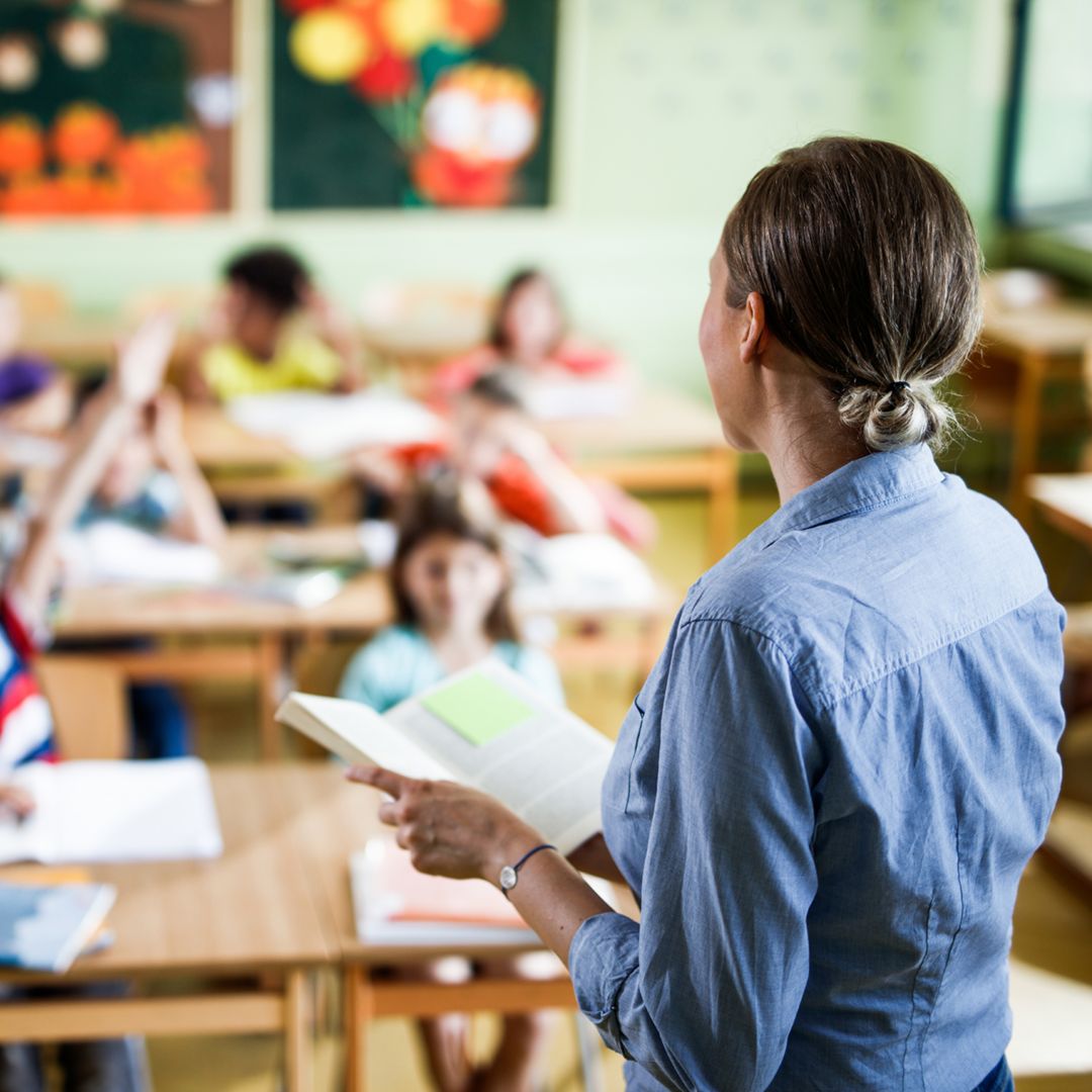 Back view of a female teacher teaching large group of elementary students in the classroom.
