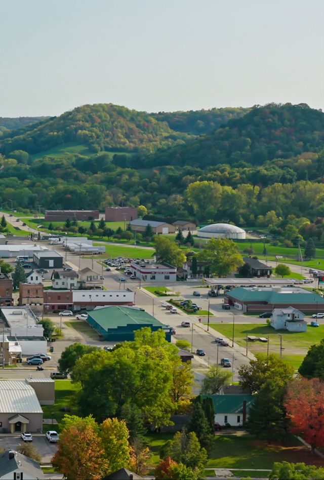 Aerial view of Richland Center, a city in Richland County, Wisconsin, on a clear, sunny day in Fall.