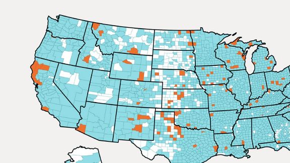 Map of the U.S with some areas shaded in teal or orange