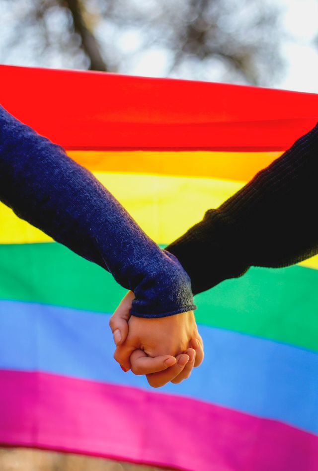 Two arms holding hands in front of a rainbow flag