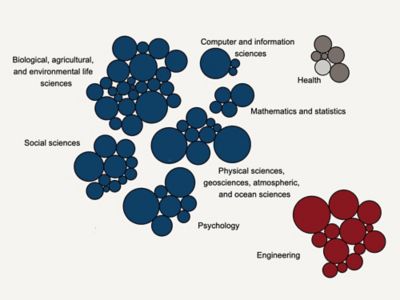 Detail of an interactive graphic with clusters of circles representing employment sectors of doctorate recipients. The employment sectors represented are biological, agricultural, and environmental life sciences; computer and information sciences; health; mathematics and statistics; physical sciences, geosciences, atmospheric, and ocean sciences; psychology; engineering; and social sciences.