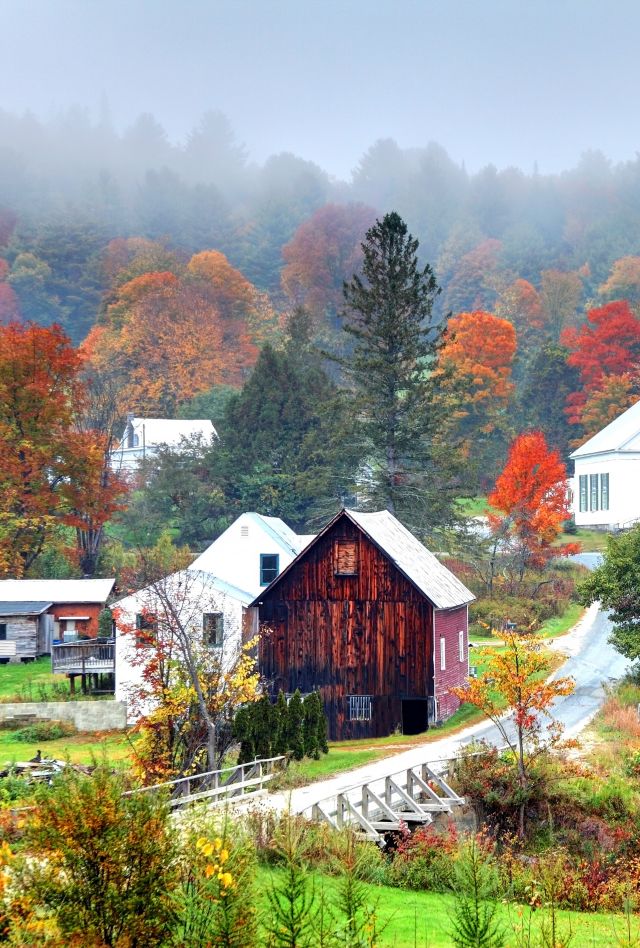 Peak autumn foliage near rural Waits River in Vermont