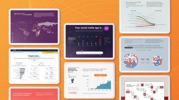 Visualization of tablet screens diisplaying a variety of infographics and data visualizations