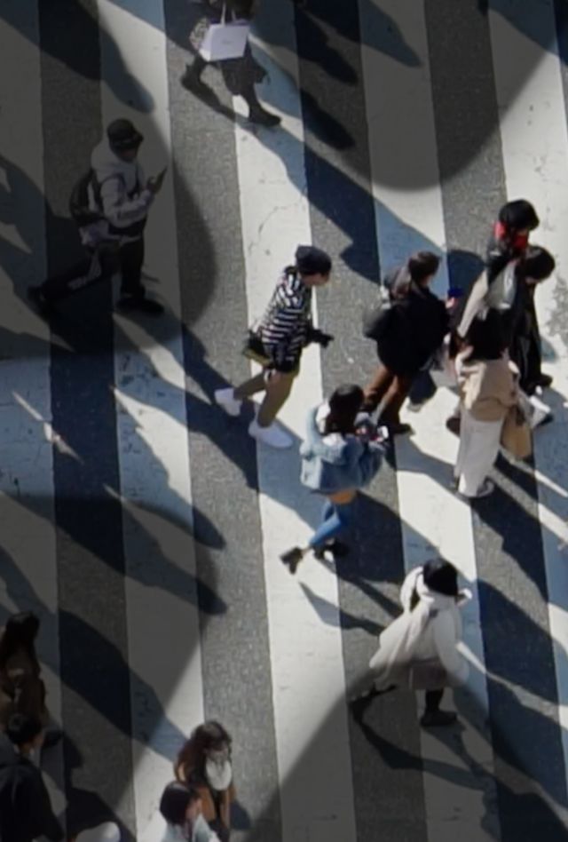 Overhead view of people walking across a crosswalk, with some people spotlighted in a spark shape