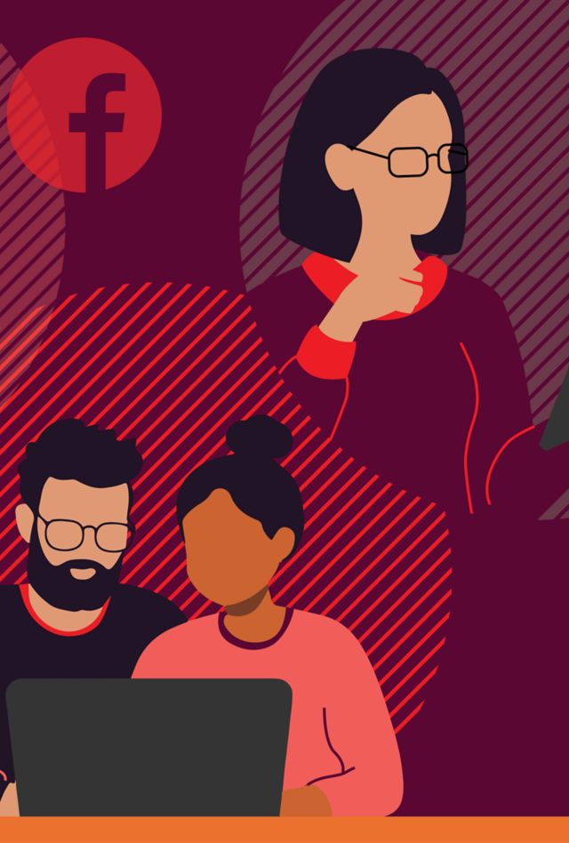 Graphic illustration depicting five individuals engaged with various digital devices, with logos of social media platforms like Facebook, Instagram, and TikTok in the background.