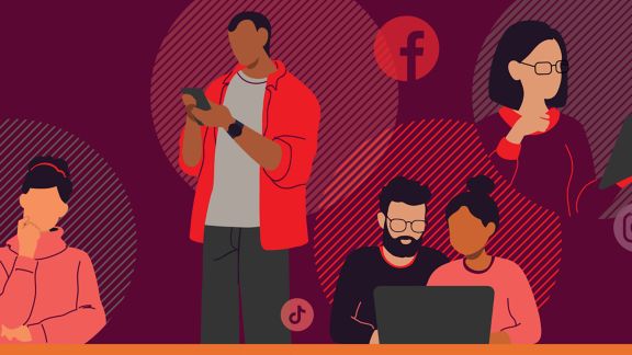 Graphic illustration depicting five individuals engaged with various digital devices, with logos of social media platforms like Facebook, Instagram, and TikTok in the background.