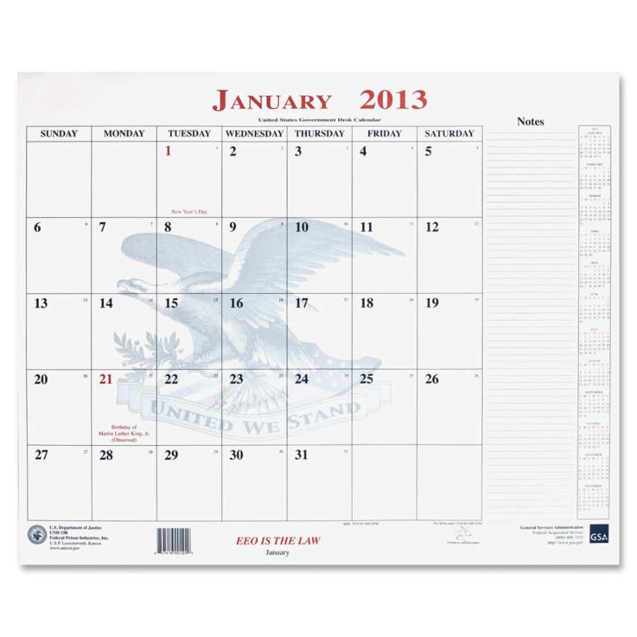 Unicor White Eagle Calendar Blotter Pad 18 x 22 January 2013 January 