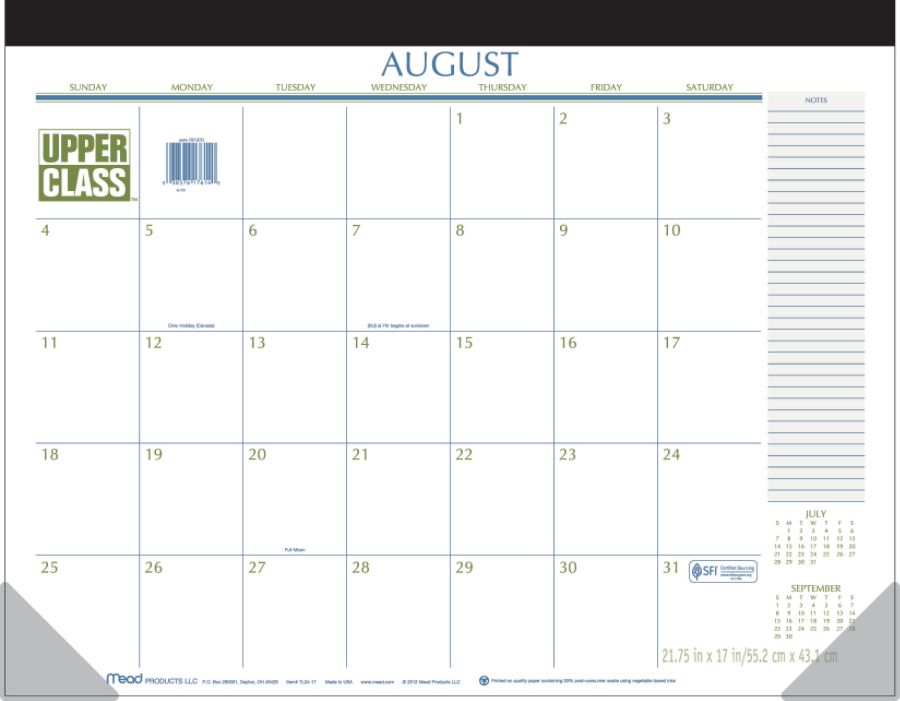 Mead 30percent Recycled Academic Desk Pad Calendar 22 x 17  August 2013 July 2014