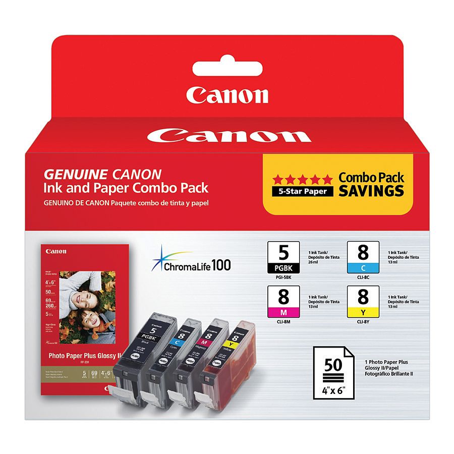 Canon PGI 5CLI 8PP 201 ChromaLife 100 BlackCyanMagentaYellow Ink Cartridges And Photo Paper Combo Pack 0628B027