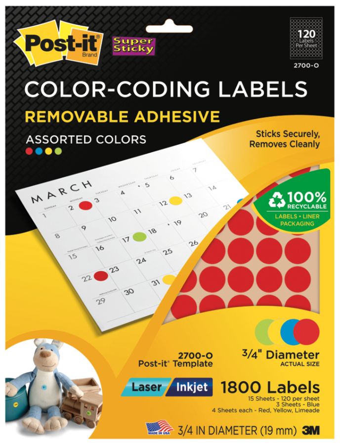 Post it Super Sticky Removable Color Coding Labels 34 Diameter Assorted Colors Pack Of 1800