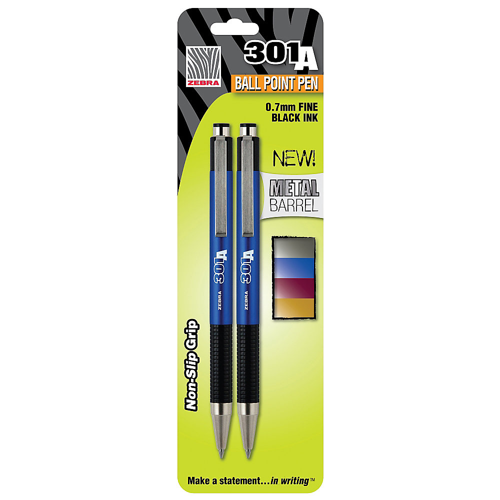 Zebra 301A Retractable Ballpoint Pens Fine Point 07 mm Blue Barrels Black Ink Pack Of 2
