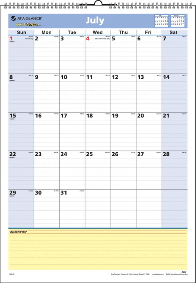 AT A GLANCE QuickNotes 30percent Recycled Academic Monthly Wall Calendar 12 x 17  July 2013 June 2014