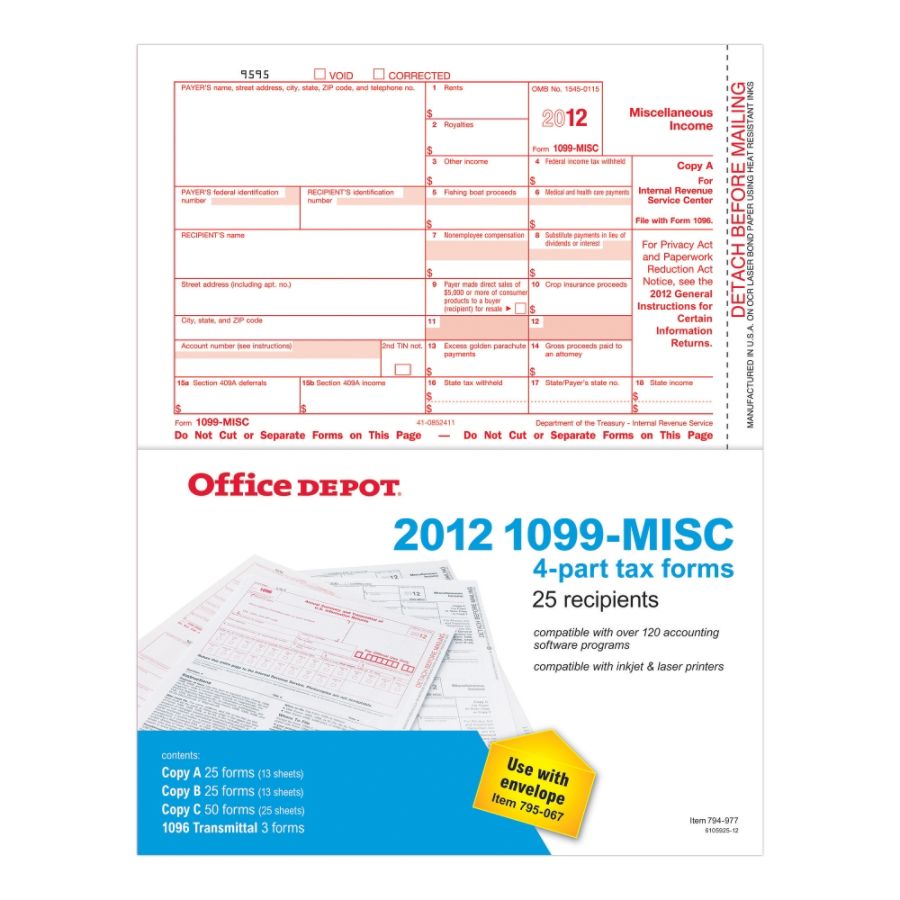 Brand 4 Part 1099 MISC Tax Forms For 2012 Tax Year Pack Of 25 Sets