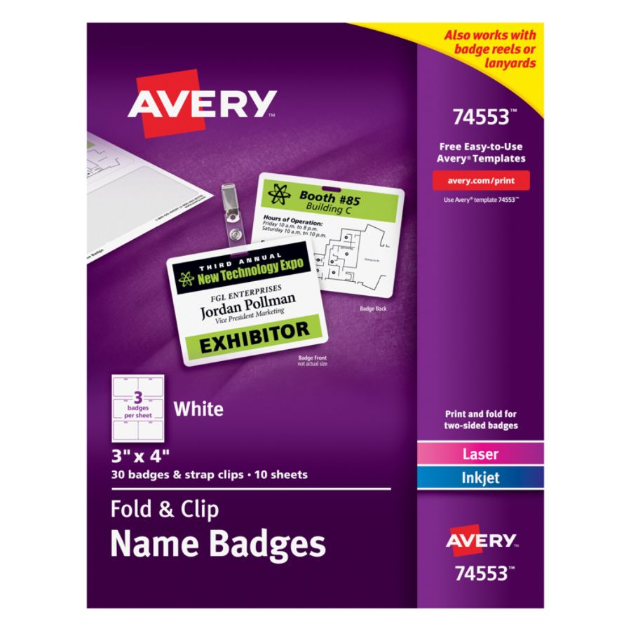 Avery Fold And Clip Name Badges Top Loading 3 x 4 Box Of 30 by Office ...