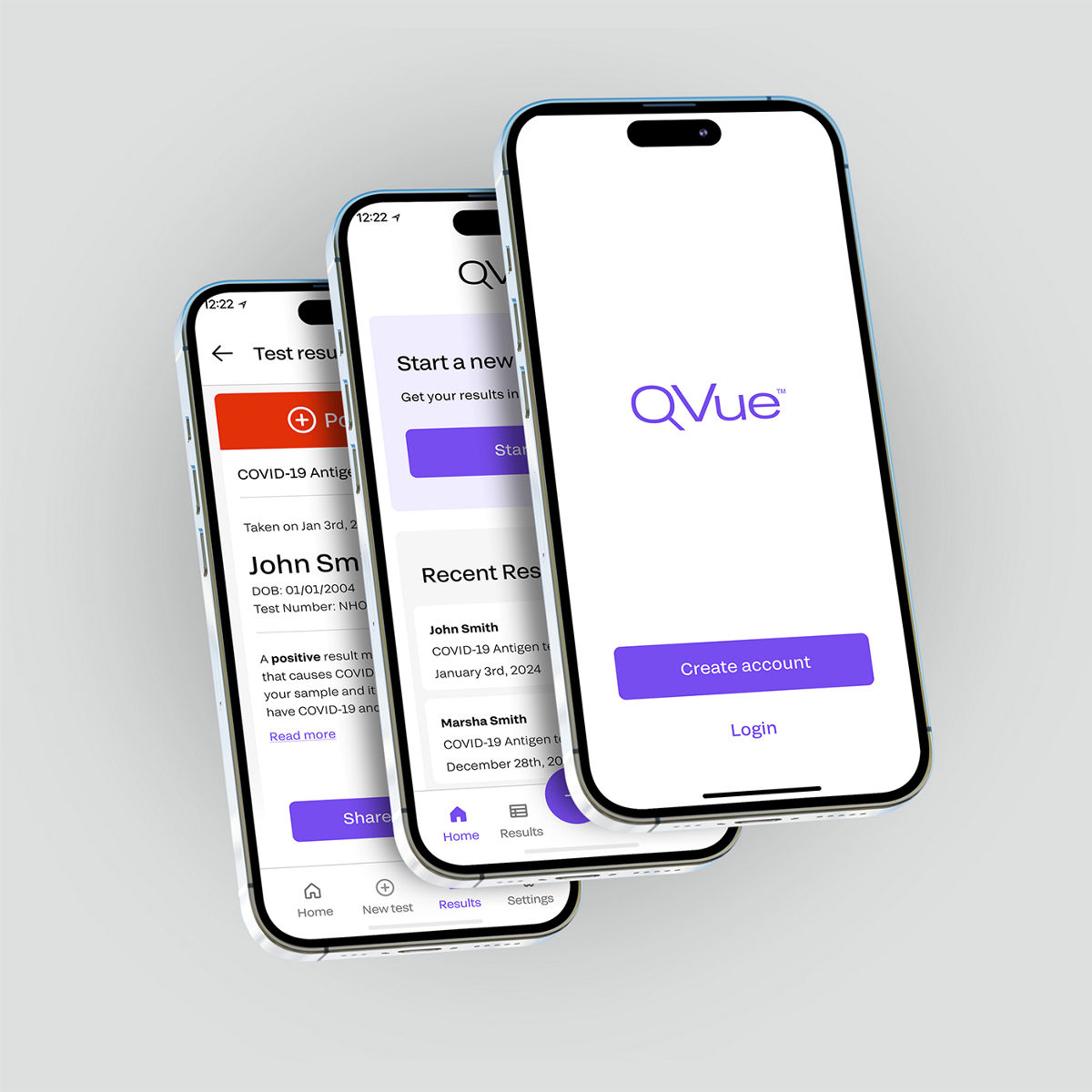 Stack of mobile phones showing the QVue app/