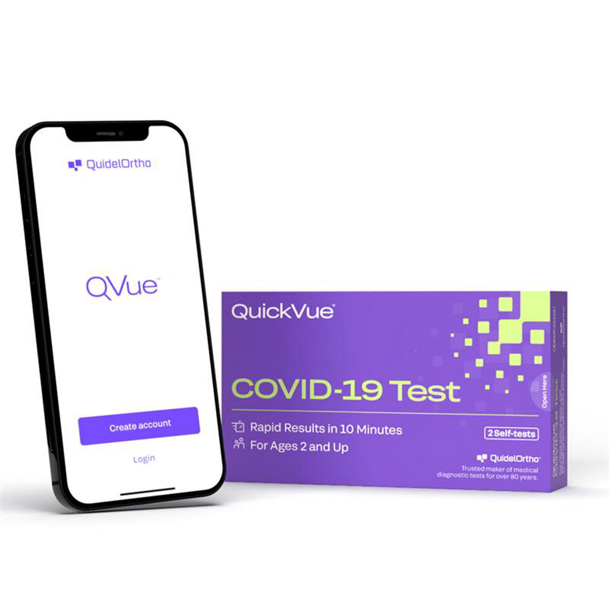 QuickVue COVID-19 Test package and smartphone with QVue app displayed/