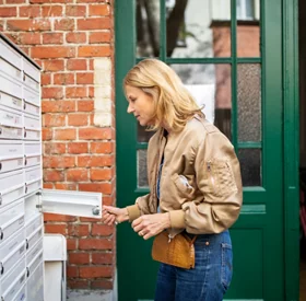 Blonde woman checking her mailbox