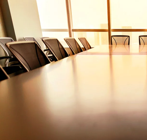 A business conference room at dusk