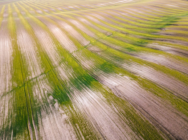 Aerial view of cultivated agricultural fields with new farming technology
