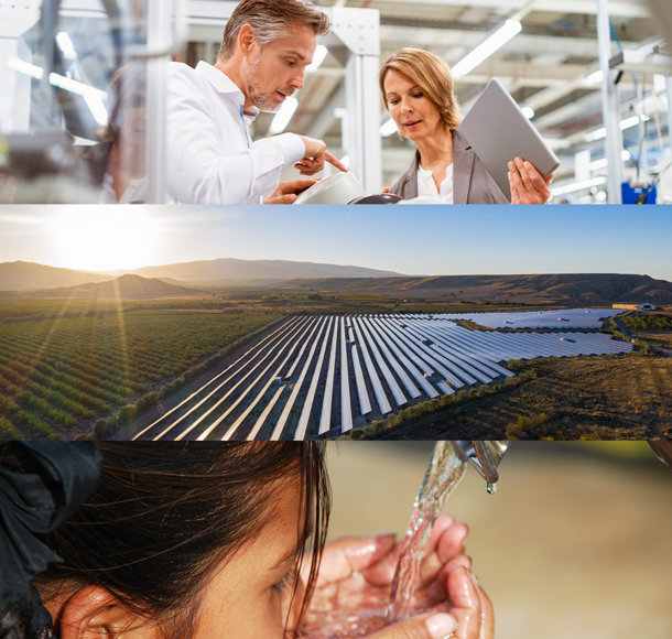 3 different images - two people working in a lab, solar panels and a child drinking clean drinking water