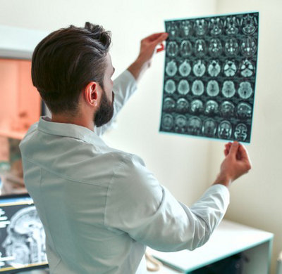 man looking at xrays