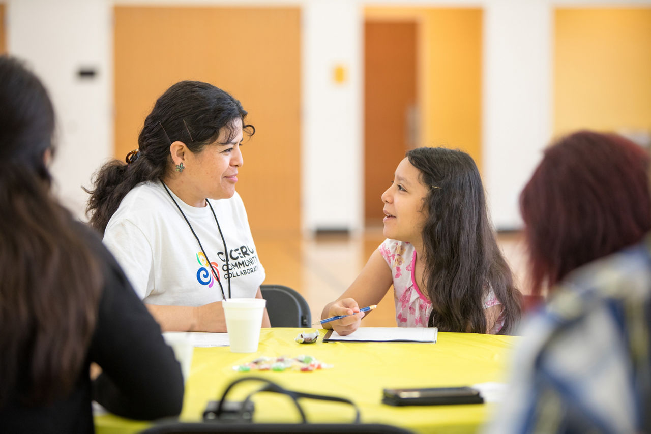 Cicero Community Collaborative Meeting. Silva Perez is a Parent Ambassador and works with 1st graders in rising their reading level at Cicero West. She is pictured with daughetr Viviana Perez.The CCC works to enhance the quality of life for Cicero children, youth and families by working together to improve educational outcomes, parent engagement, health, and safety.They have a bold goal to have 10,000 Cicero children and youth  achieve their academic and developmental milestones by 2027.The Cicero Community Collaborative (CCC) is a coalition of local service providers who are developing a new initiative that will have long-term implications for the improved health, education, and well-being of Cicero children, youth and families.