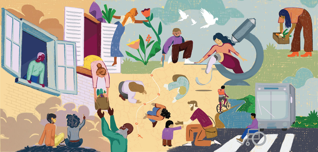 A vibrant community reflecting individuals of various ethnicities, ages, disabilities, and professions engaged in collaborative, health promoting activities.